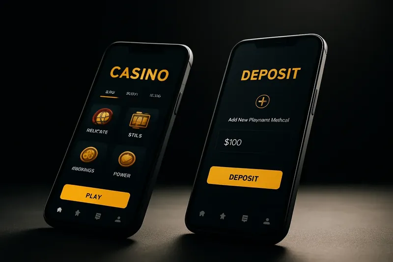 Two smartphones showing dark casino app lobby and deposit screen