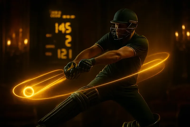 Cricket athlete in motion with neon trail and stadium floodlights