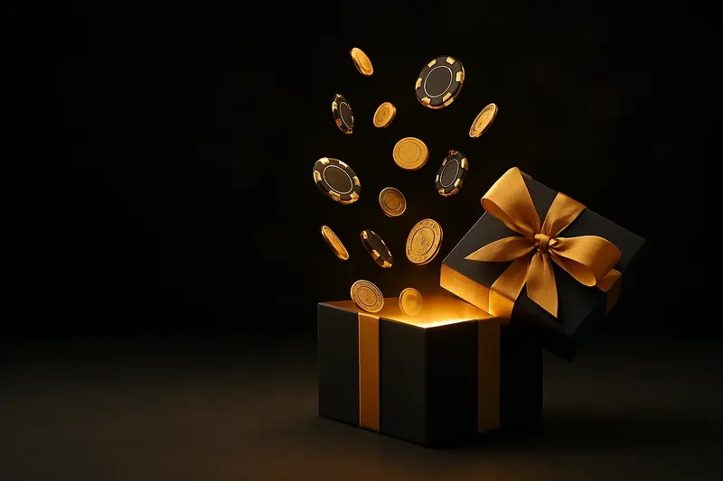 Premium gift box opening with golden light, coins and casino chips