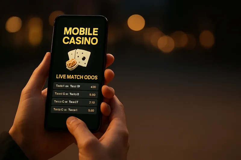 Hands holding smartphone with mobile casino interface and live match odds
