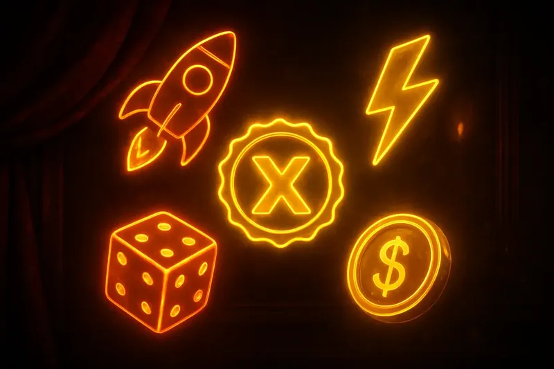 Glowing instant game icons with rocket, dice, coin, and lightning