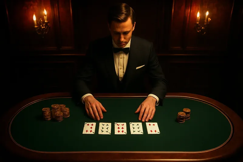 Elegant Live Casino Professional dealer behind green felt table with golden chips