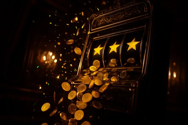 Golden coins raining over winning slot screen in premium casino